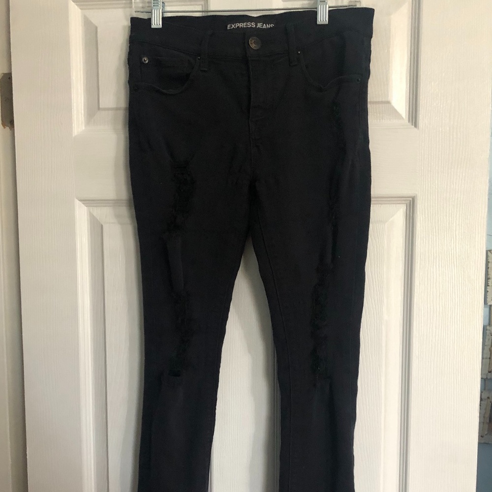 Express Black Mid Rise Ripped Skinny Jeans
